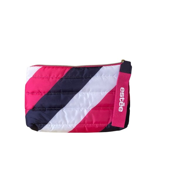 Estée Quilted Striped Cosmetic Bag With Wrist Strap - Pink/White/Navy - Picture 1 of 3